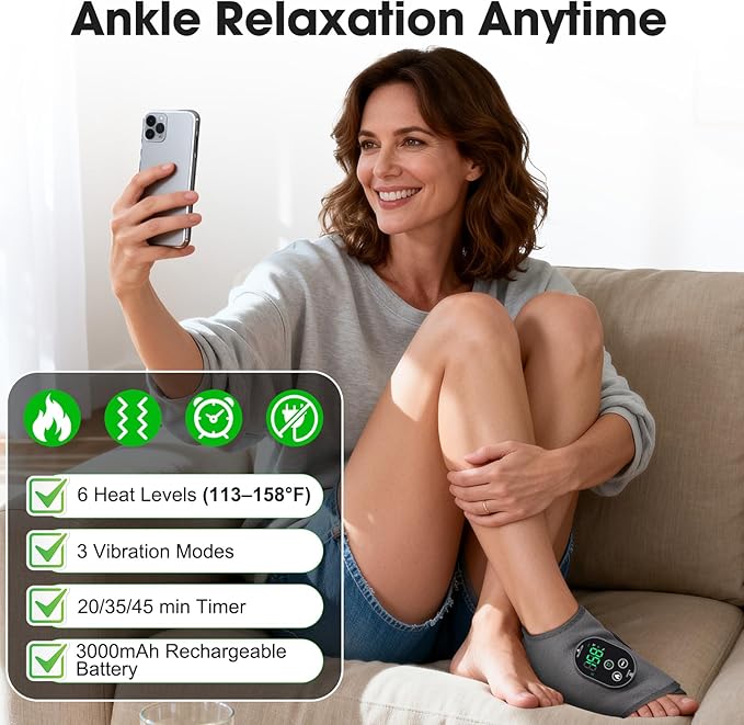 Cordless Ankle Massager for Pain Relief, Heated Foot Massager for Neuropathy, Foot and Ankle Massager with Heat, Ankle Heating Pad with Massage, HSA Eligible FSA, 6 Heats, 3 Massages, Single One