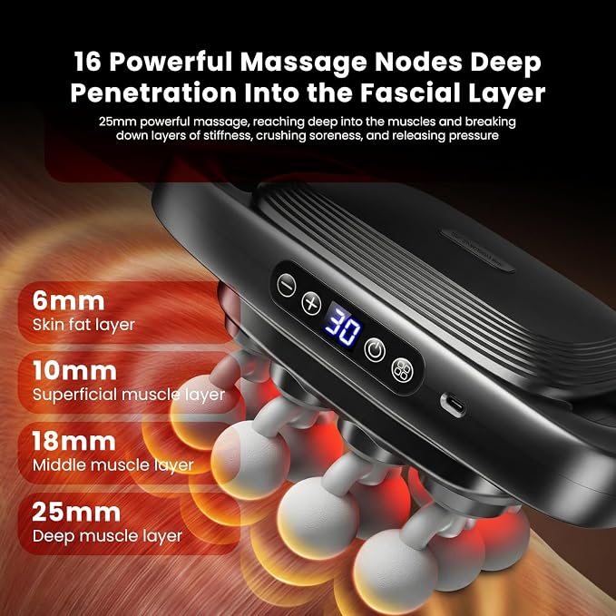 16 Head Massage Gun Deep Tissue - Multi Head Massagers for Back Pain Relief, Neck Shoulder, Leg and Foot Muscle Relaxation - 3 Modes & 30 Intensities, Portable Quiet Percussion Massager
