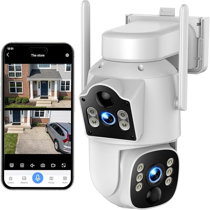 Dual Lens Security Camera 4G Outdoor, Cellular Camera with Dual Sensor 360 PTZ, Solar Powered 7800mAh, Color IR Night Vision, Auto Track 10X Zoom, 2-Way Talk, IP66, No WiFi, SIM Card Ready
