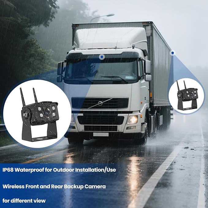 Wireless Backup Camera for Trucks – Front & Rear View, Loop Recording, Split Screen, Blind Spot Monitoring, IP69K Waterproof, Easy DIY Install
