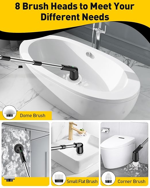 Shower Scrubber with Long Handle, Shower Cleaner Brush with 8 Brush Heads, Cordless Electric Spin Scrubber for Cleaning with 2 Speed, Cleaning Supplies for Bathroom Bathtub Kitchen Floor Tile Toilet