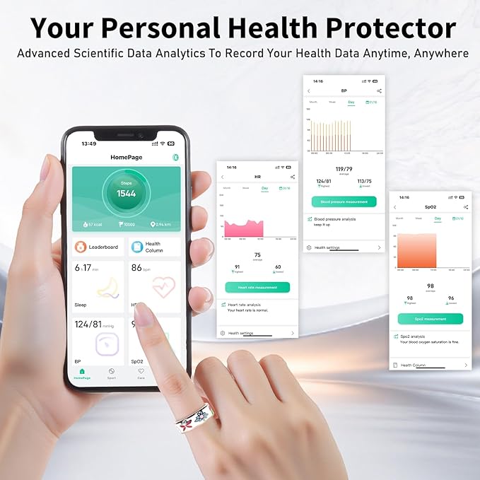 Advanced Smart Ring for Women and Men - IP68 Waterproof Health Tracker Ring with Heart Rate, Step Counting, Sleep Monitoring, No Subscription Fee for iPhone/Android, Enamel Rose Gold 8#