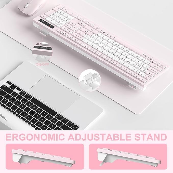 Wireless Keyboard and Mouse Combo, Full-Sized Quiet Wireless Keyboard and Adjustable DPI Mouse, 2.4GHz USB Receiver, Keyboard and Mouse for PC, Windows, Desktop, Laptop (Pink and White-B)
