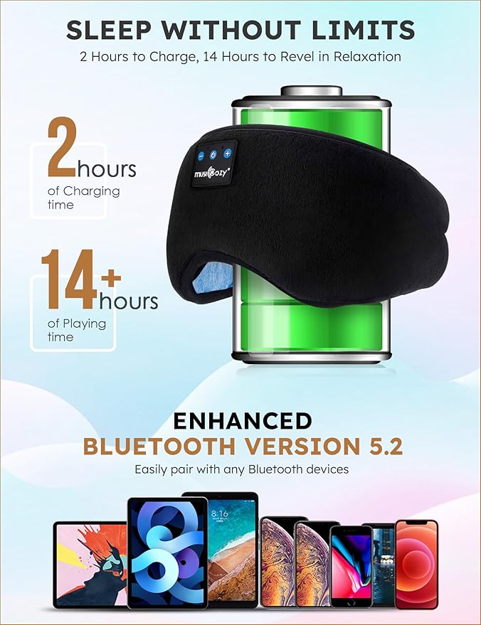 MUSICOZY Sleep Headphones Bluetooth 5.4 Headband Sleeping Headphones Sleep Mask, Wireless Music Eye Mask Sleep Earbuds for Side Sleeper Men Women Cool Tech Gadget Unique Gift Office Travel, Pack of 2