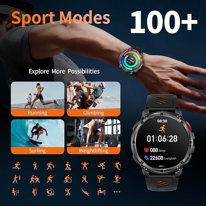 Military Smartwatch for Men with Compass & Flashlight, Rugged Smart Watch with Bluetooth Calling, Outdoor Fitness Tracker with Heart Rate Sleep Monitor, 100+ Sport Modes Waterproof for Android iPhone