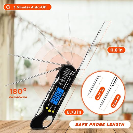 Instant Read Meat Thermometer, Accurate and Fast Digital Food Thermometer with Waterproof, Magnet, Backlight for Cooking, Baking, BBQ, Smoker, Grilling, Candy Making (Black)