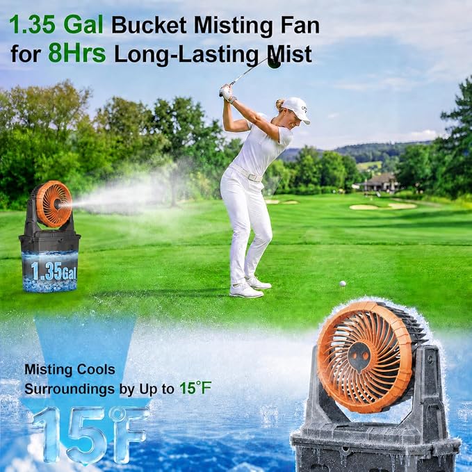 Ausic 1.35 Gal Portable Misting Fan, Outdoor Fans for Patios, [Max 30H] Rechargeable Battery Operated Fan, Bucket Mister Water Cooling Fan for Camping/Travel/Beach, 2 Large Spray Outlets
