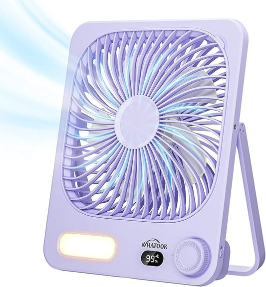 WHATOOK Large Travel Desk Fan Night Light: 10000mAh Battery 40 Hours Runtime Silent Rechargeable Fans, Quite Personal Portable Fan for Camping Bedroom Office Small Desktop fan (8.3 * 7.1inch) (Purple)
