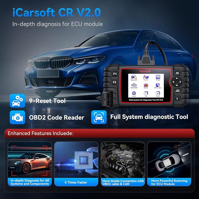 OBD2 Scanner iCarsoft CR V2.0 Diagnostic Tool with 8 Resets ABS Bleeding/SAS Calibration/Oil/EPB/ETC Reset, Full Systems Code Reader Scan Tools, ABS SRS Engine Transmission Battery Test Car Scanner