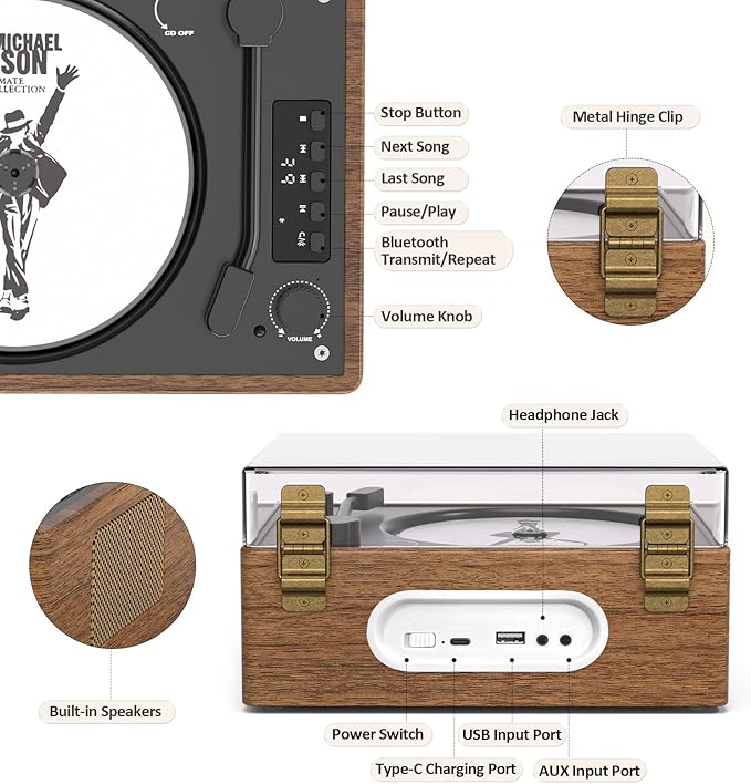 Walnut Wood CD Player with Speakers, Bluetooth Retro Portable Music Player for Home, Wired & Remote Control