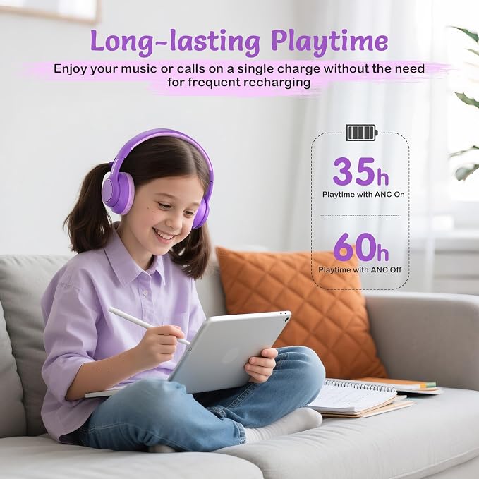 TONOSHARK Kids Bluetooth Headphones with Active Noise Cancelling, Wireless Over-Ear Headphones for Boys Girls, Foldable, Adjustable, 40H Playtime, Mic for School Travel(Purple)