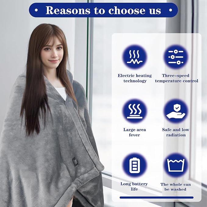 Cordless Wearable Heated Blanket with Power Bank, USB Battery Operated Electric Throw Shawl, 3 Heat Levels & 6 Zones, Soft Flannel Portable Warm Blanket for Home Office, Outdoor, Camping, Travel-Grey