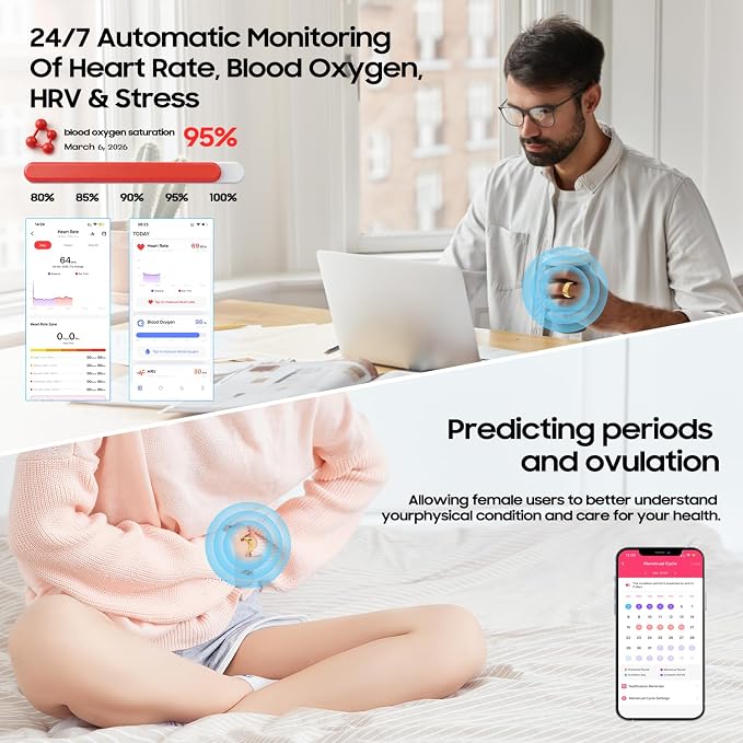 Smart Ring for Women Men, IP68 Waterproof Health Tracker with No Subscription Fee, Sleep and Stress Monitoring, Activity Fitness Ring, Android/iOS Compatible(Gold,9)