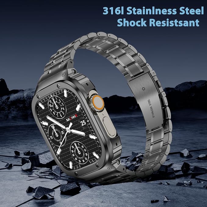 MioHHR Stainless Steel Watch Band with Case Compatible with Apple Watch Ultra3 2 1(49mm), Rugged Strap with Metal Protective Bumper Cover for iWatch Band Men(Space Grey)