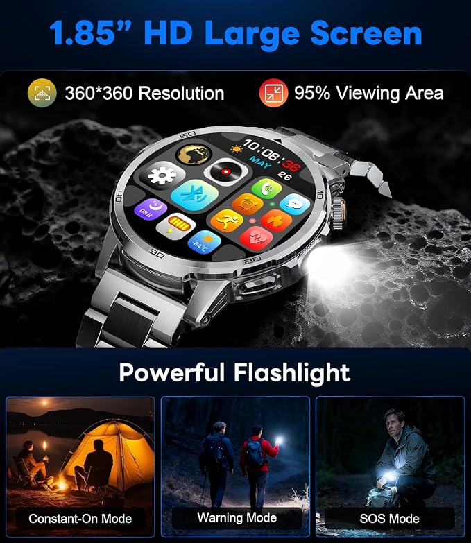 Military Smart Watch for Men Answer/Make Call, 1.85'' HD Rugged Smartwatch with 1000mAh Battery/Flashlight/Heart Rate/110+ Sports Mode, IP68 Waterproof Fitness Tracker Watch for Android iPhone