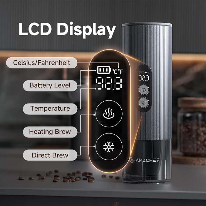 AMZCHEF Portable Coffee Maker Rechargeable w/ 9000mAh Battery, 2-in-1 Travel Espresso Maker for Ground/NS Capsules, Car Espresso Machine Self-Heating for Camping, RV, Hiking, Office