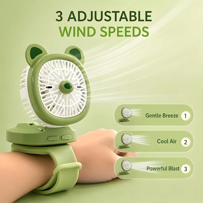 Personal Fan with Wrist Strap - Battery Operated, USB Rechargeable Fan Portable, LED Lights, 3 Adjustable Speed - Portable Fans for Kids Children Boys Girls Indoor Outdoor (Green)