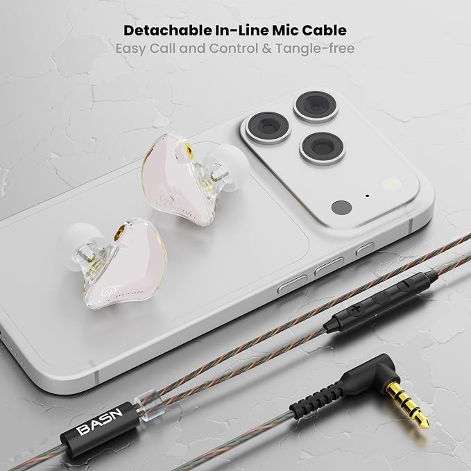 BASN in Ear Monitor Headphones, Triple Driver IEM Earphones with Powerful Bass, Noise Isolation HiFi Stereo Wired Earbuds for Musicians Singers Drummers (Cloud Pink)