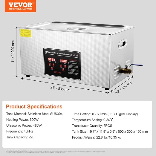 VEVOR Ultrasonic Cleaning with Digital Timer & Heater, Professional Ultra Sonic Jewelry Cleaner, Stainless Steel Heated Cleaning Machine for Glasses Watch Rings Small Parts Circuit Board (22L)