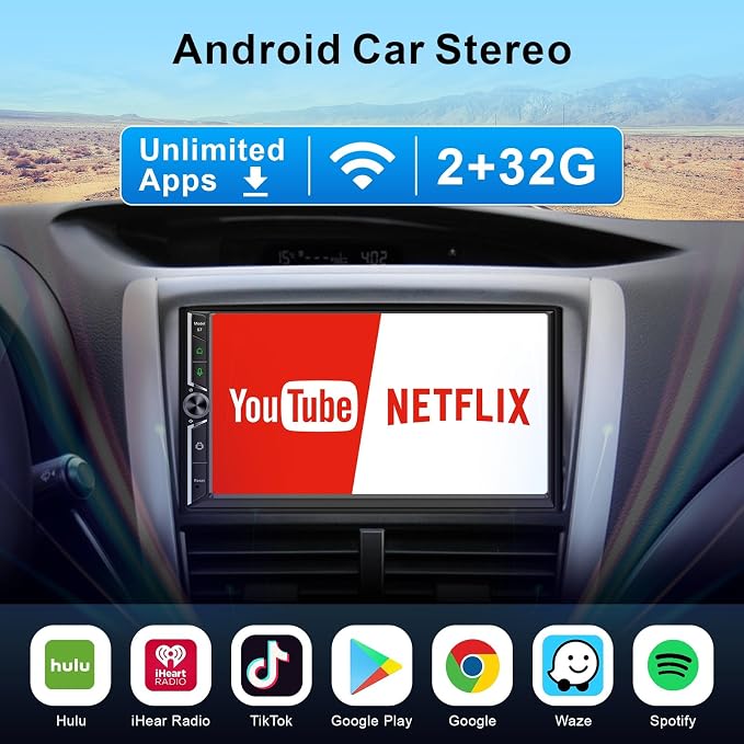 Double Din Car Stereo Wireless Apple CarPlay Android Auto,7 in Android Car Radio Head Unit with QLED Touchscreen, Bluetooth,WiFi, GPS Navigation, FM/USB/SWC/AUX/Subwoofer