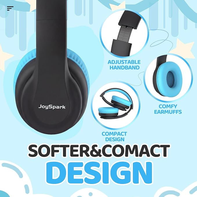 JoySpark Kids Bluetooth Headphones, Lightweight Wireless Headphones for Kids, 85/94dB Volume Limited, 60 Hours Playtime, Bluetooth 5.3, Over-Ear Toddler Headsets with Built-in Mic (Black Blue)