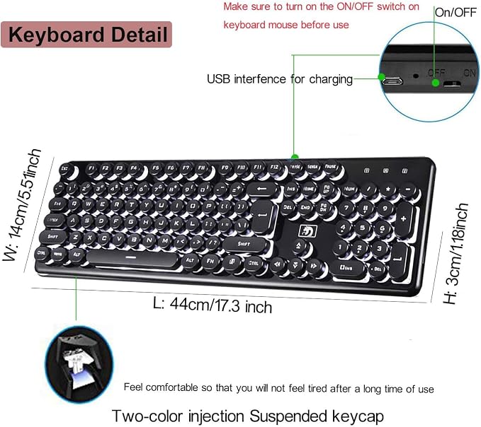 Gaming Keyboard and Mouse Combo, 2.4Ghz Wilress Keyboard with LED White Backlit 104-Key Full Size Ergonomic and Optial Mice for PC/Laptop