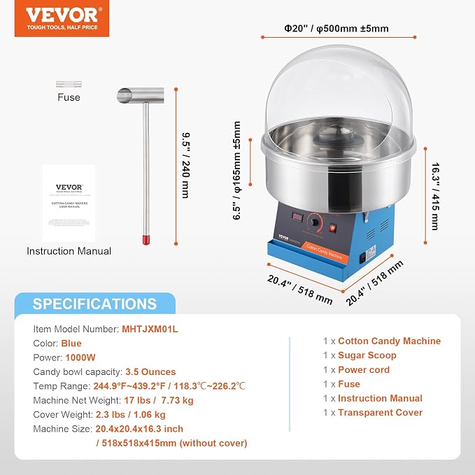 VEVOR Cotton Candy Machine Commercial, 1000W Electric Floss Maker with Cover, Stainless Steel Bowl, Sugar Scoop, Storage Drawer, Perfect for Home, Carnival, Kids Birthday, Family Party, Blue