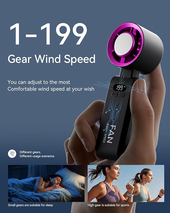Handheld Portable Turbo Fan with Ice Cooler, Speed (1-199) 5500mAh Rechargeable Personal Fan,[20H Cooling Time] [20000 RPM] Small Pocket Fans for Travel/Outdoor/Office, Black Hot Pink