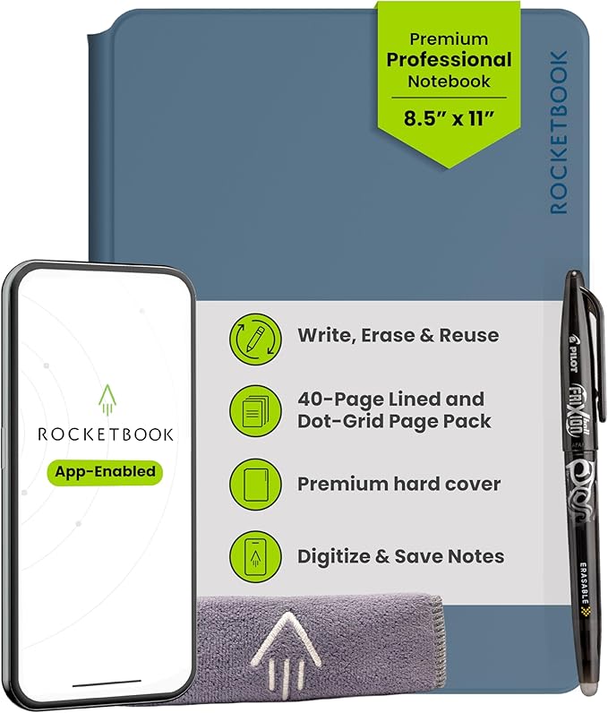 Rocketbook Pro Smart Reusable Notebook, Lined & Dotted Interchangeable Pages, For Work and Business Meetings, Letter Size 8.5x11, Blue