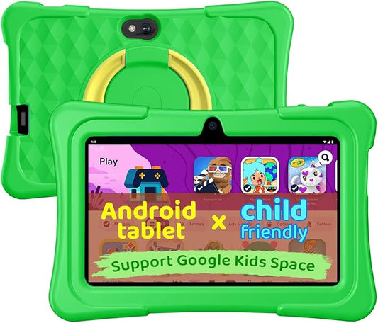 aiprotablet Kids Tablet, 7 inch Android Tablet for Kids, 6GB+32GB 1TB Expand, Quad-Core Toddler Tablets with Shockproof Case, BT, WiFi, Parental Control, Games, Dual Camera (Green)