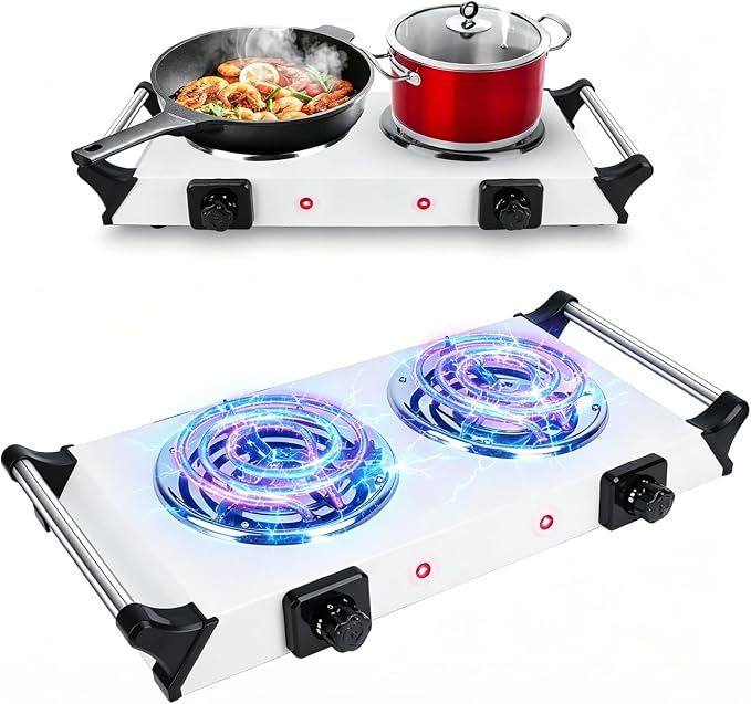 2000W Double Burner Electric, Portable Hot Plate for Cooking, Cooking Stove with 5 Temperature Adjustments, Countertop Burner Cooktop for Kitchen, Dorm