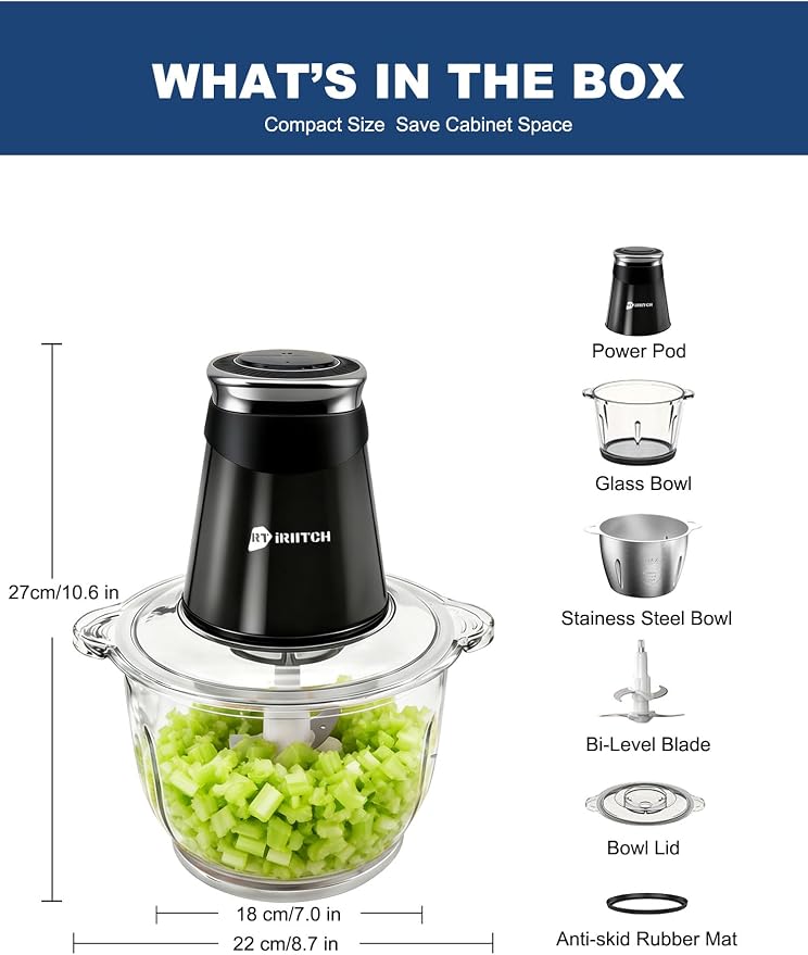 Food Processor, 500W Electric Food Chopper with 2 Bowls (10 Cup+5 Cup) & 2 Bi-Level Blades&, Small Meat Electric Grinder Processor for Meat, Vegetable, Onion, Garlic, Nuts, and Baby Food
