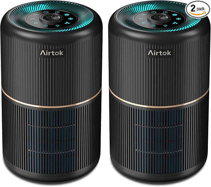 AIRTOK 2 Pack Air Purifier for Home Bedroom, Office Desktop Air Cleaners with 12pcs Fragrance Sponge, H13 HEPA Filter, 4 Stage Filtration up to 376 sqft Black Available for California