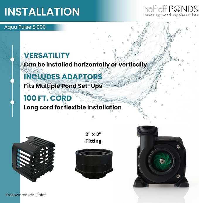 Aqua Pulse Submersible Pond Pump, 8,000 GPH, 100 ft Cord | 24 ft max head, 540W energy efficient, Ultra quiet, For koi ponds, Waterfalls, Fountains