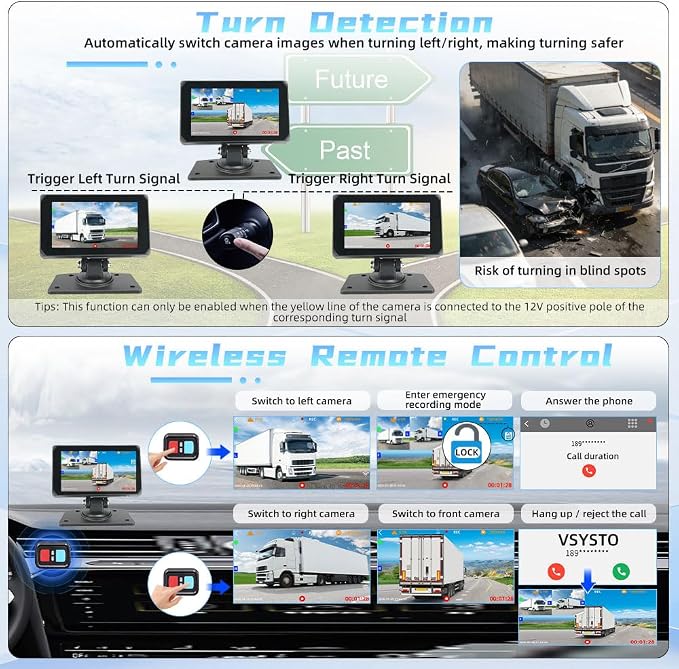 VSYSTO 3CH 5G WiFi Truck Dash Camera, Parking Guard, Infrared Night Vision, Turn Detection, Bluetooth 5 Inch Touchscreen GPS HD 1080P Front & Sides Backup Camera System for Semi Trailer Van Tractor RV