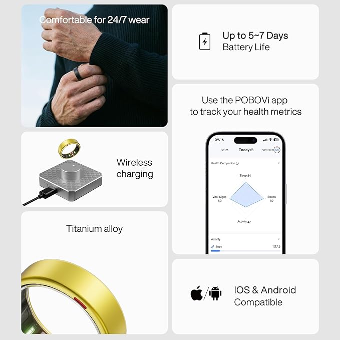 POBOVi Gen 2 Titanium Smart Ring for Women & Men, Sleep & Heart Rate Tracker, No Subscription, Size Before You Buy (Gold, 9)