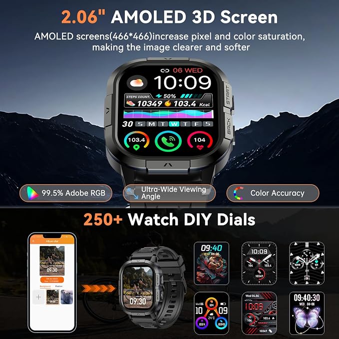 Smart Watch for Men Fitness Tracker: Make/Answer Call Military Smart Watches for Men Digital Watches Heart Rate Monitor Waterproof Running Smartwatch Android Phones iPhone Samsung Compatible 2 Bands