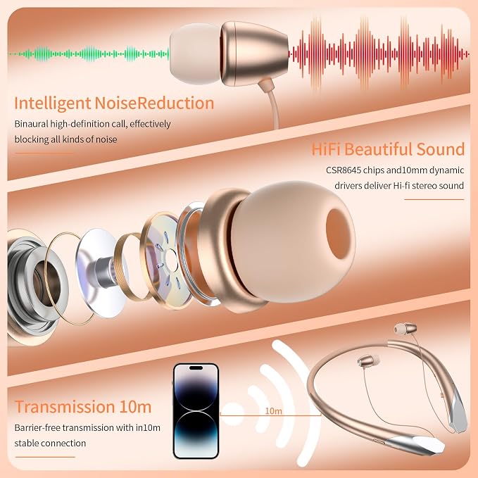 Bluetooth Headphones Retractable Neckband, Bluetooth Headset Wireless Earbuds with Microphone Vibration Call, Stereo Noise Cancelling Earphones (Rose)