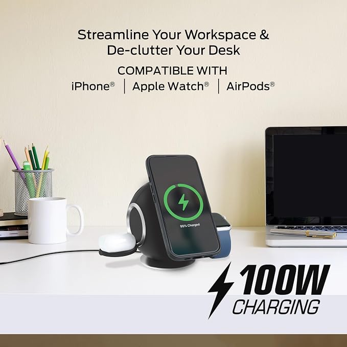 Monster 10 in 1 Charging Station, Includes 3 AC Outlets, 2 USB-A Ports, 2 USB-C PD Ports (65W Max), 3 Wireless Chargers Compatible with Qi Compatible Phones (15W), Apple Watch (5W), Air Pods (2.5W)