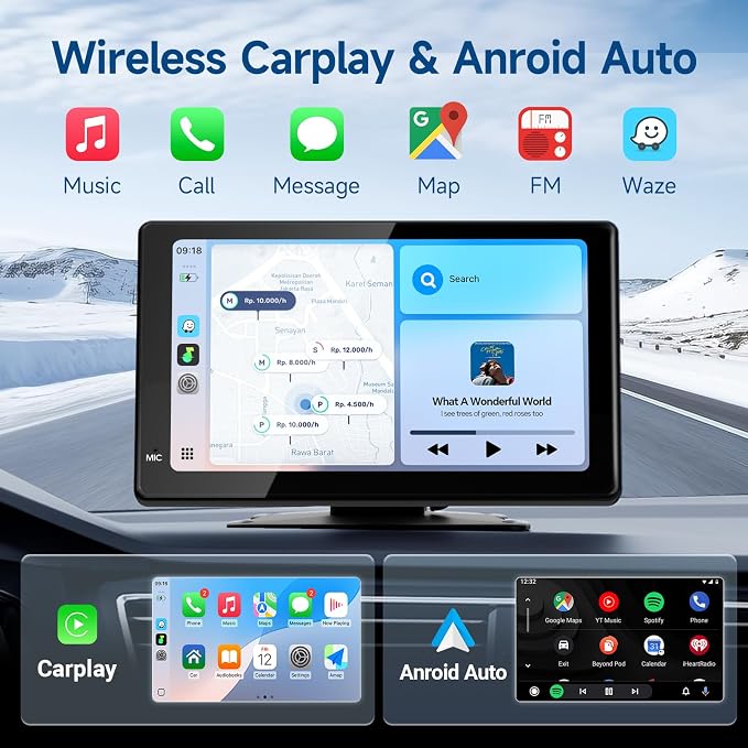 Haudio Portable Wireless Carplay Car Stereo, 7" HD Touchscreen for Car with CarPlay & Android Auto with Backup Camera, GPS, Bluetooth, Voice Control, Mirror Link, FM, AUX, Universal Fit