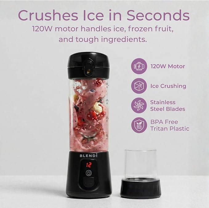BLENDi Pro+ Portable Blender (17.5oz, Black) – Upgraded Ice Crushing 120W Motor, USB-C Rechargeable, Cordless Personal Blender Smoothies & Shakes – BPA-Free, ravel-Friendly (NEW)