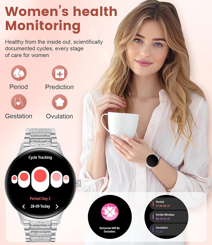LIGE Ultra-Thin Smart Watch for Women,1.43" Always-on Display Smart Watch with Bluetooth Call,Health Tracker 100+ Sports Modes, Mutifuction Women Smartwatch for Android iOS 2 Straps(Silver)