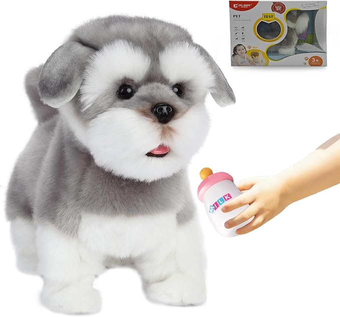 CU-MATE 12" Electric Plush Dog Toys, Electronic Stuffed Animal Dog Toy, Interactive Wuffy Robot Toy, Walking, Talking, Barking & Wagging Tail, Gifts for Boys and Girls (Schnauzer)