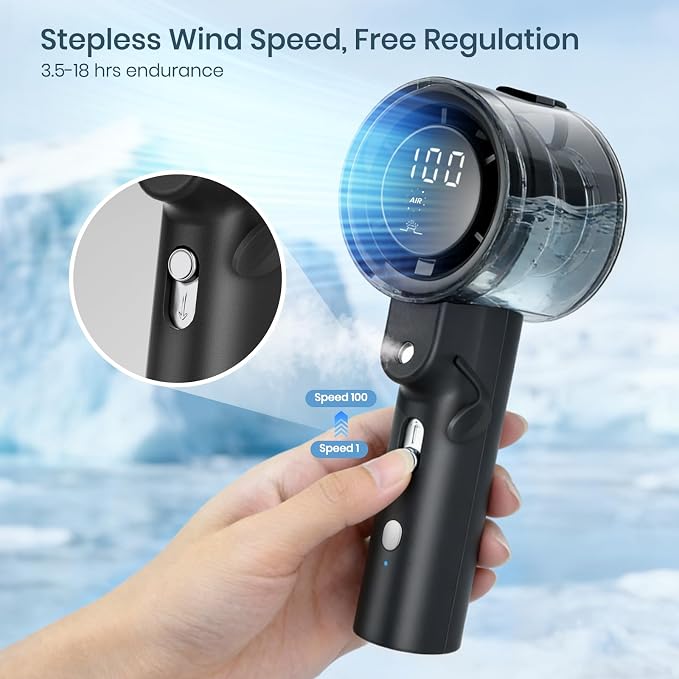 Handheld Misting Fan, 14000 RPM 4000mAh Rechargeable 50ml Tank, 2 Mist Modes Digital Display, Ultra Quiet 38dB USB C Portable Spray Fan for Outdoor Hiking Travel Office Beach Camping