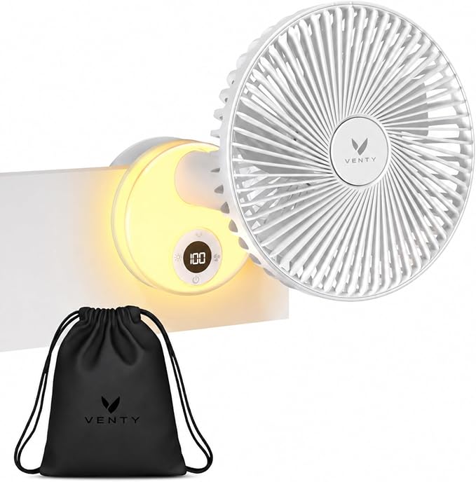 VENTY Portable Clip Fan - Rechargeable 10-Hour Battery Portable Fan - 360° Rotation & 90° Tilt - Stroller Fan, Desk Fan or Bedside Fan - Aromatherapy & LED Light - USB-C Cable & Carrying Pouch