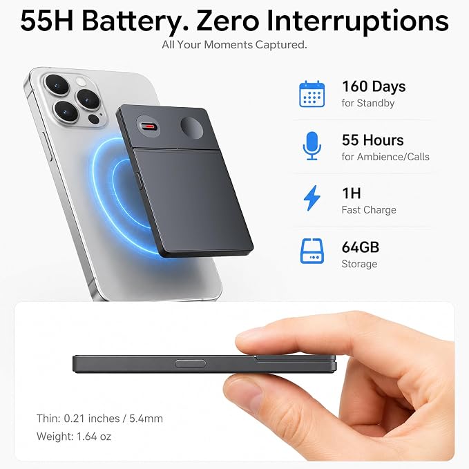 AI Voice Recorder with Real-Time AI Chat & Auto Transcribe – AI Noise Cancellation, One-Click Generate, 64GB Digital Note Taker for Meetings Lectures, Supports 126+ Languages, App Control