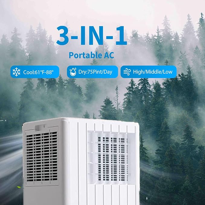 Portable Air Conditioners, Cool up to 350 Sq. Ft, 8,000 BTU 3-in-1 Movable AC for Bedroom with Dehumidifier, Fan, Sleep Mode, 24H Timer, Remote Control, and Window Installation Kit Included