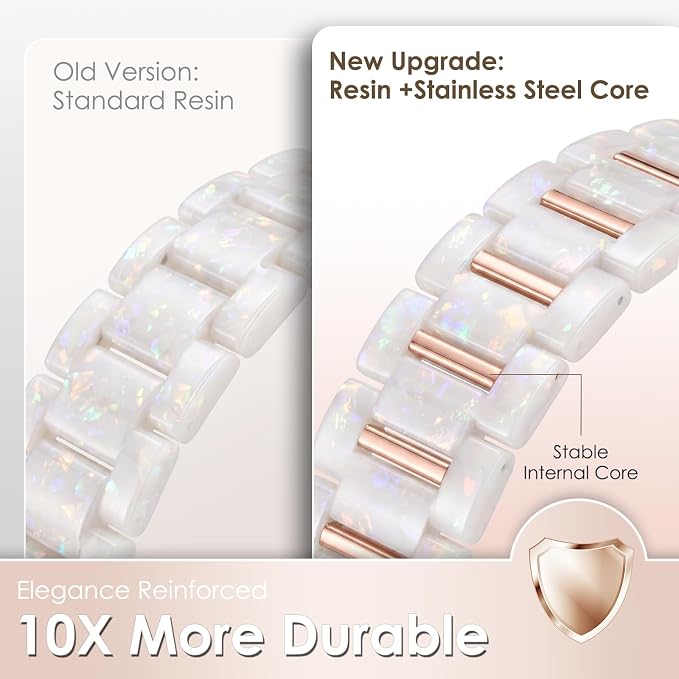V-MORO Resin Band Compatible with Apple Watch 42/44/45/46/49mm,Fashion Lightweight Bracelet with Polished Rose Gold Stainless Steel Inlay for iWatch Series 11/10/9/8/7/6/5/4/3/2/1/SE,Fluorescent White