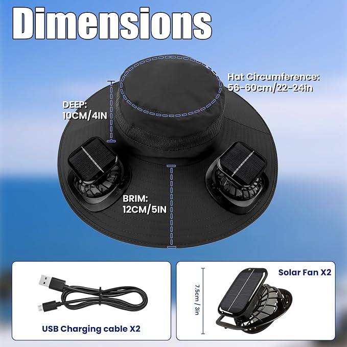 Solar Powered Fan hat with 2 USB Charging Removable Fans Wide Brim Sun Cooling in Them Sun for Adults Protection Fishing Beach Gardening with Earplugs