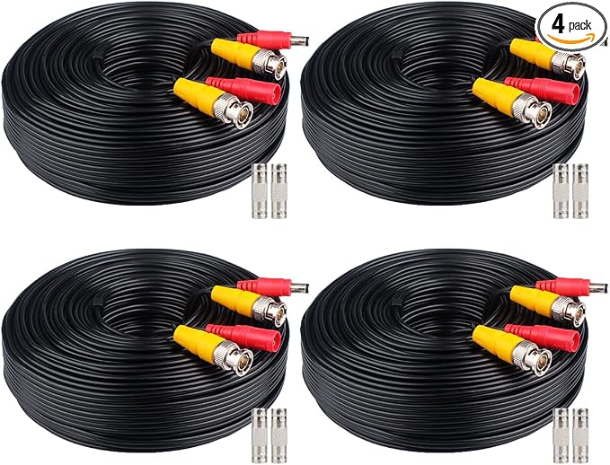 BNC Cable 4x100FT, All-in-One Siamese Video and Power Security Camera Wire, Camera Cable for All Max 5MP HD CCTV DVR Surveillance System (100FT 4PACK, Black)